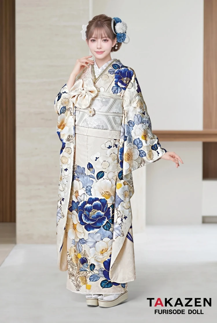TAKAZENのレンタル振袖 正統派古典 クリーム/青 椿柄 上品 寒色系 かわいい 統一感のある着こなし【通販可】25067