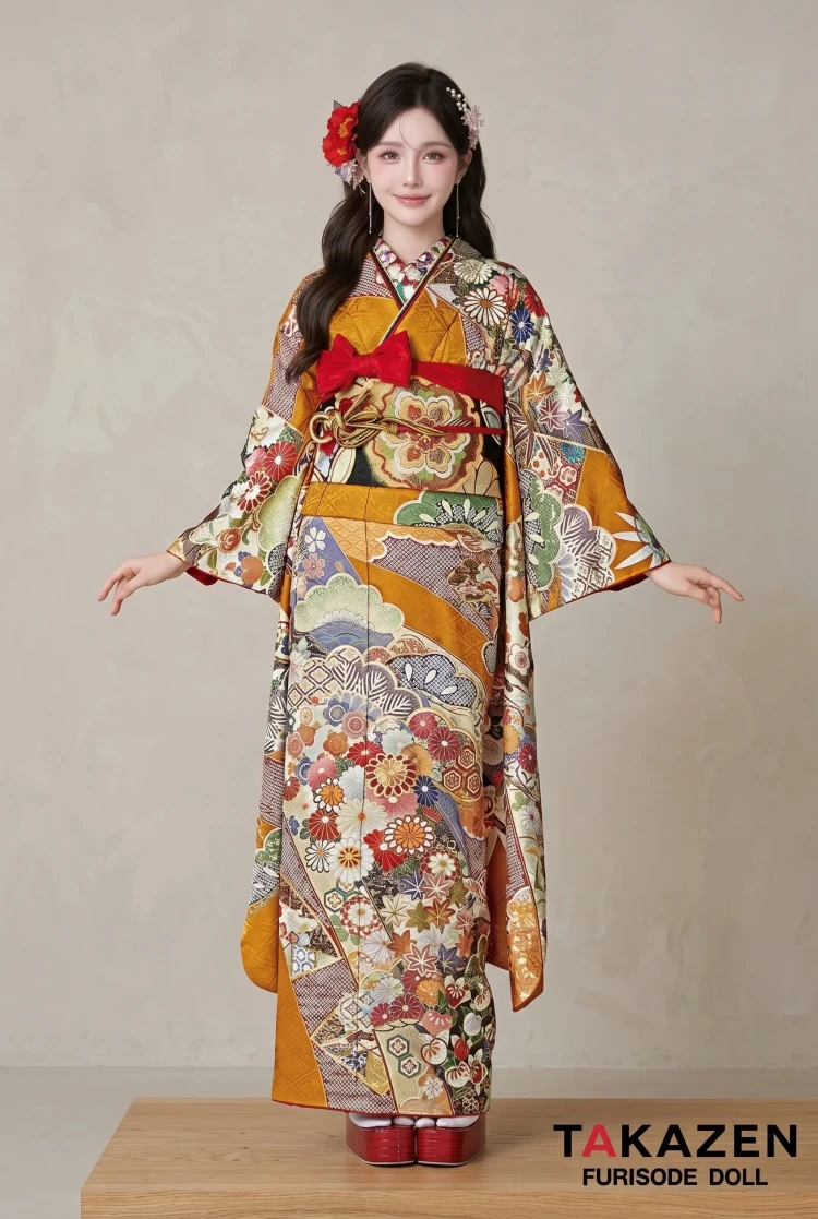 TAKAZENのレンタル振袖 正統派古典　からし　熨斗柄/菊柄　柄小さめ　上品　柄多め　かわいい　今どき　人気【通販可】25068