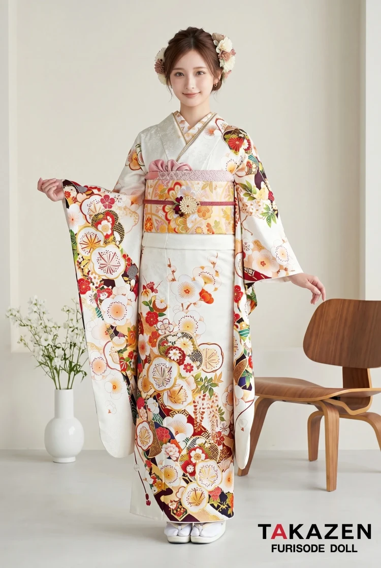 TAKAZENのレンタル振袖 正統派古典　白　梅柄　シンプル　かわいい　低身長さんにおすすめ【通販可】25070