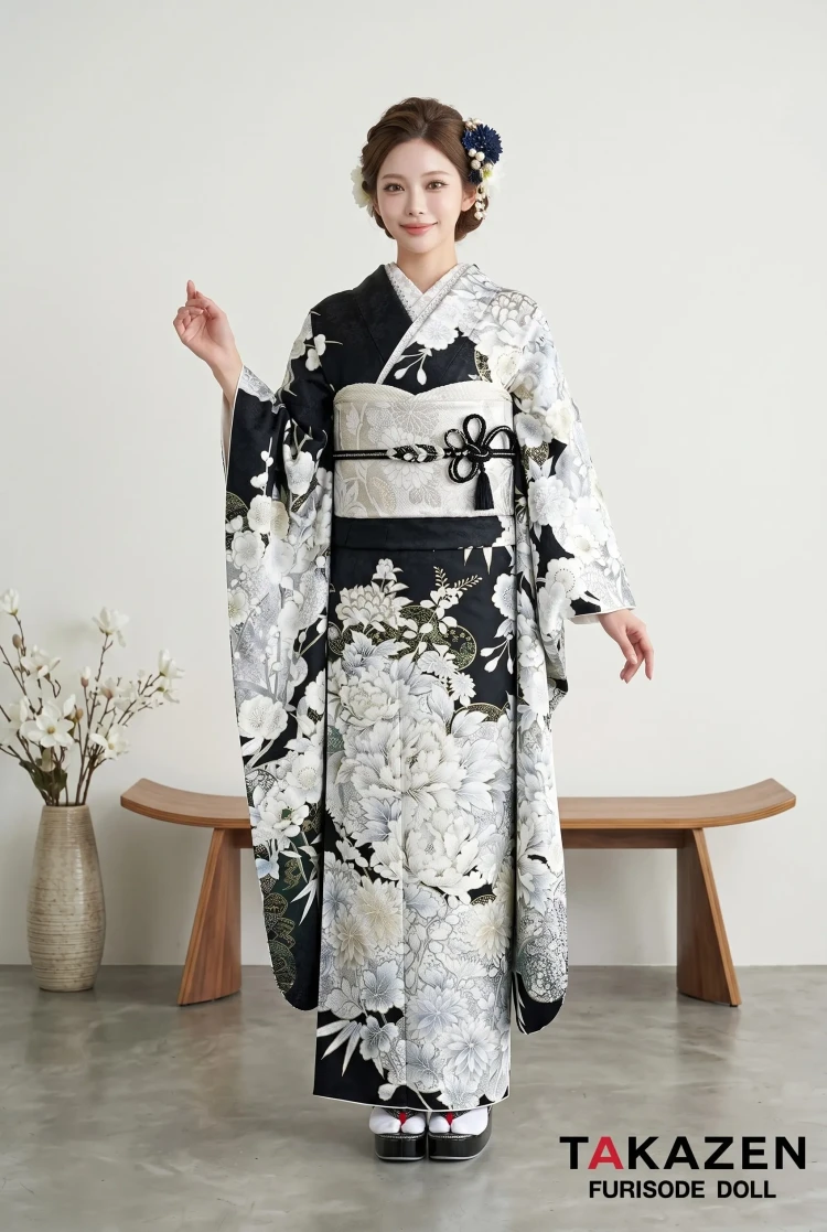 TAKAZENのレンタル振袖 正統派古典　黒/白/シルバー　牡丹柄　かっこいい　粋　大人っぽい【通販可】25071