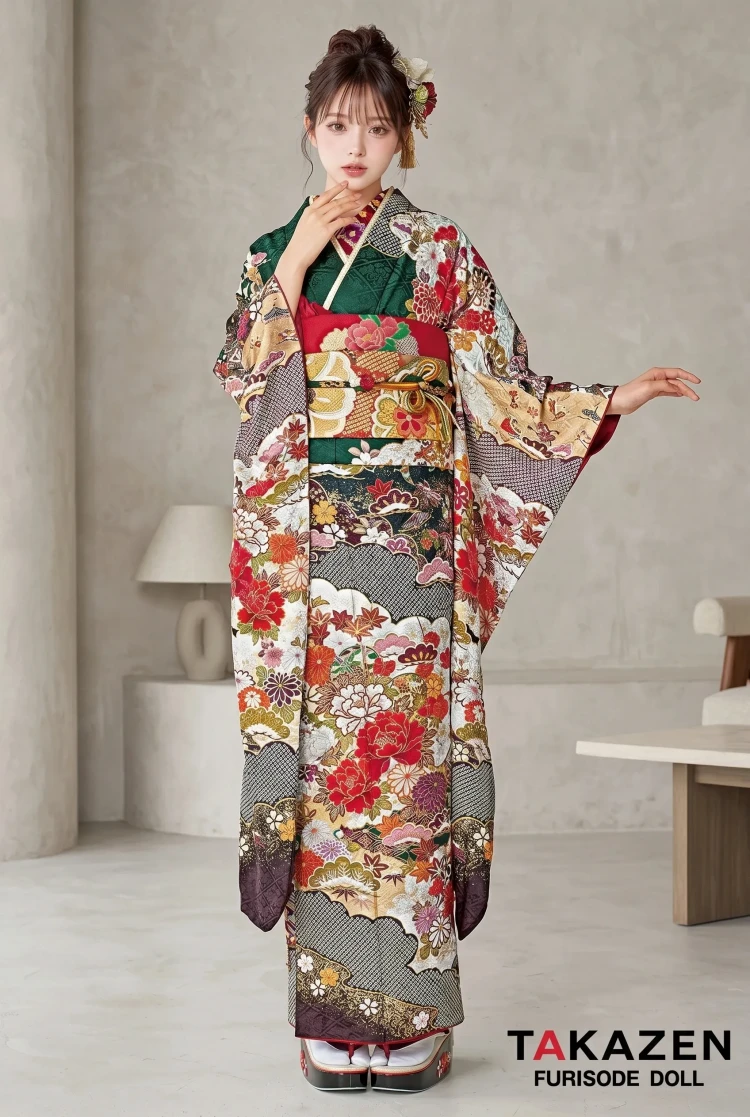 TAKAZENのレンタル振袖 正統派古典　緑/赤　鼓/牡丹柄　柄小さめ　低身長さんにおすすめ　清楚　唐絞り京友禅【通販可】25072
