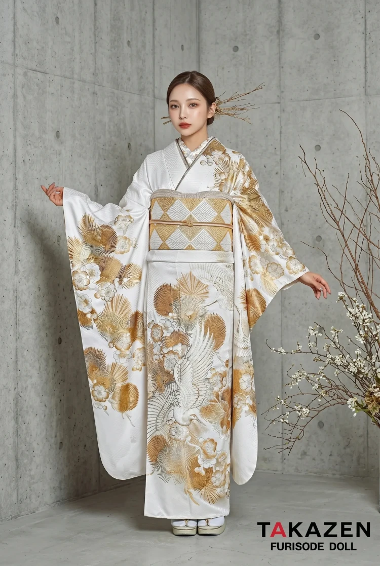 粋古典 白/金/ゴールド 鶴柄/針松 シック かっこいい 大人っぽい 金彩