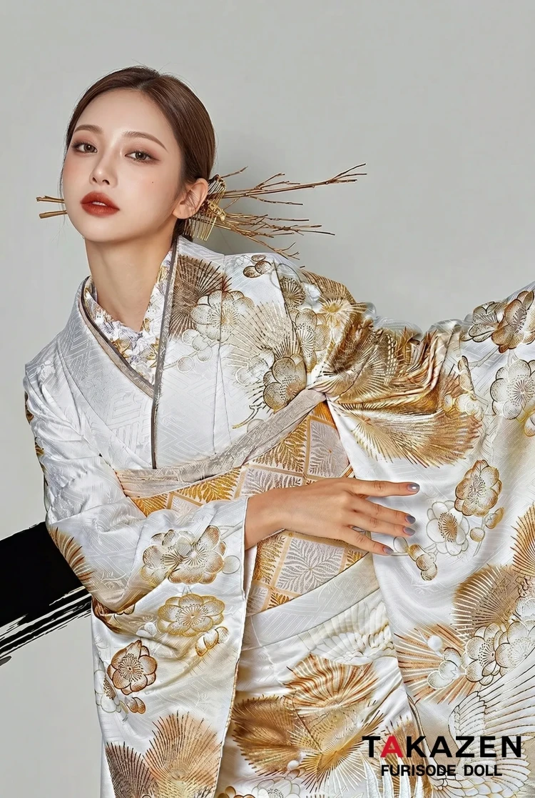 TAKAZENのレンタル振袖 粋古典　白/金/ゴールド　鶴柄/針松　シック　かっこいい　大人っぽい　金彩京友禅【通販可】25073