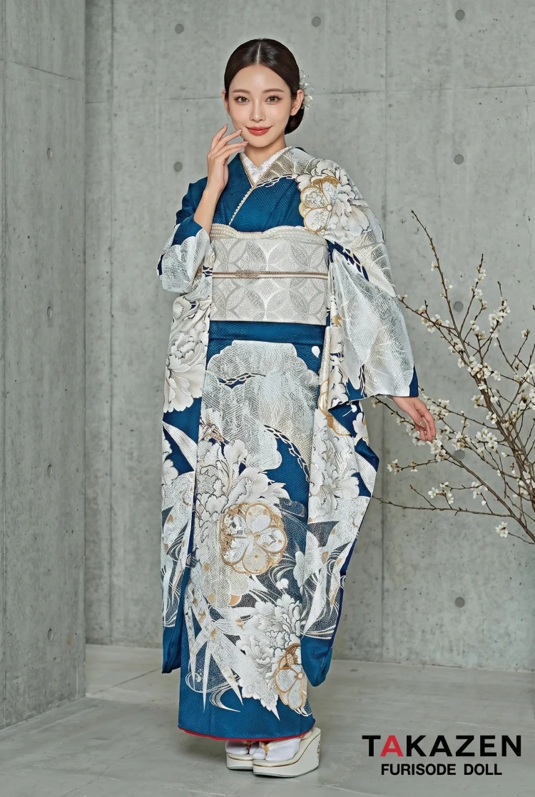 TAKAZENのレンタル振袖 粋古典　ターコイズブルー/青/白　吉祥文様/流水模様　クール　寒色系　シック【通販可】25074