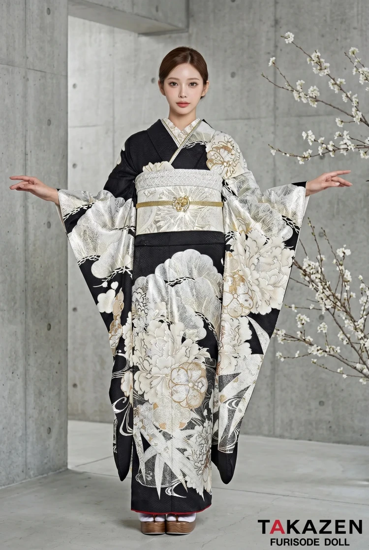 TAKAZENのレンタル振袖 粋古典　黒/黒ベース　吉祥文様　大人っぽい　渋い　かっこいい　シック【通販可】25075