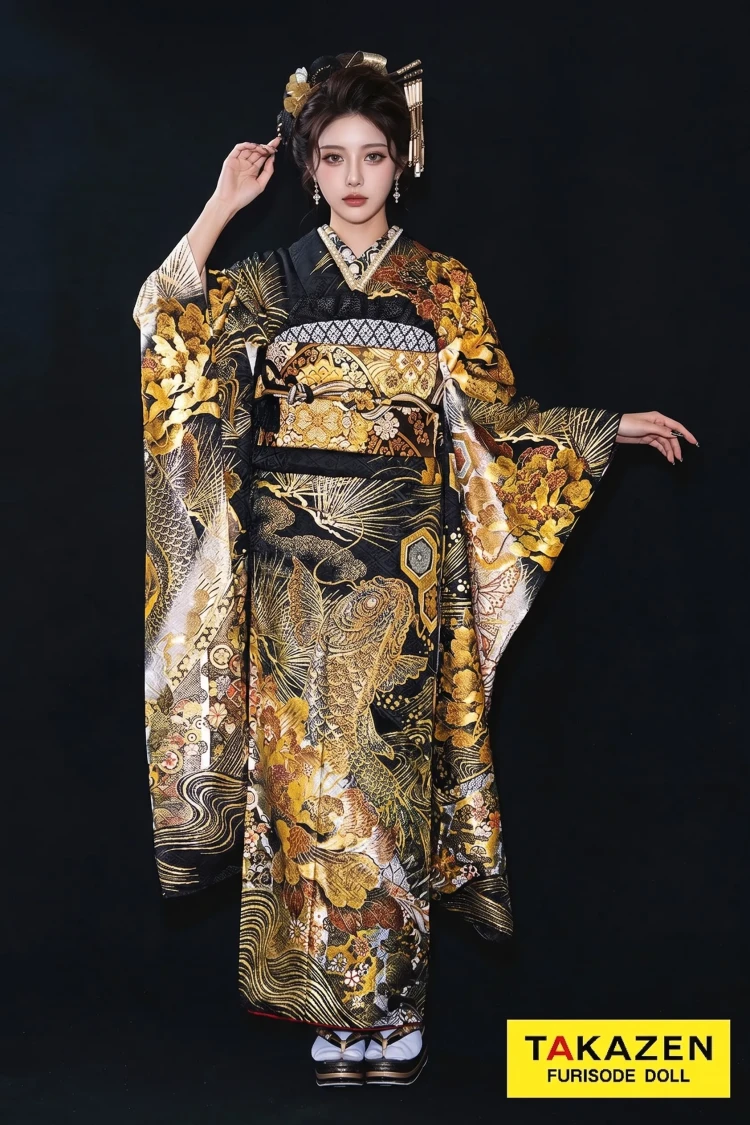 TAKAZENのレンタル振袖 ジャパンモード　黒/金/ゴールド　鯉柄/和柄　渋い　派手　目立つ　かっこいい　キラキラスワロフスキー　極妻風【通販可】25083