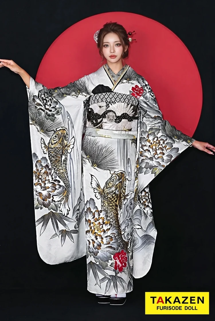 TAKAZENのレンタル振袖 高級ジャパンモード　白/黒/金箔　鯉柄/水墨画　渋い　人と被らない振袖　クール　いかつい　大人っぽい【通販可】25086