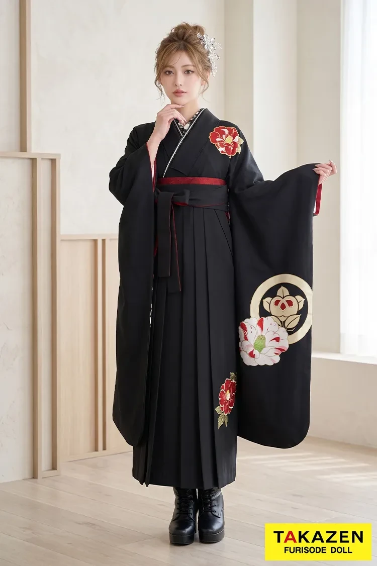 TAKAZENのレンタル袴 玉城ティナ×紅一点　黒/赤　椿柄　ヴィンテージスタイル　かっこいい　大人っぽい　シック　ブーツスタイル【通販可】RY150