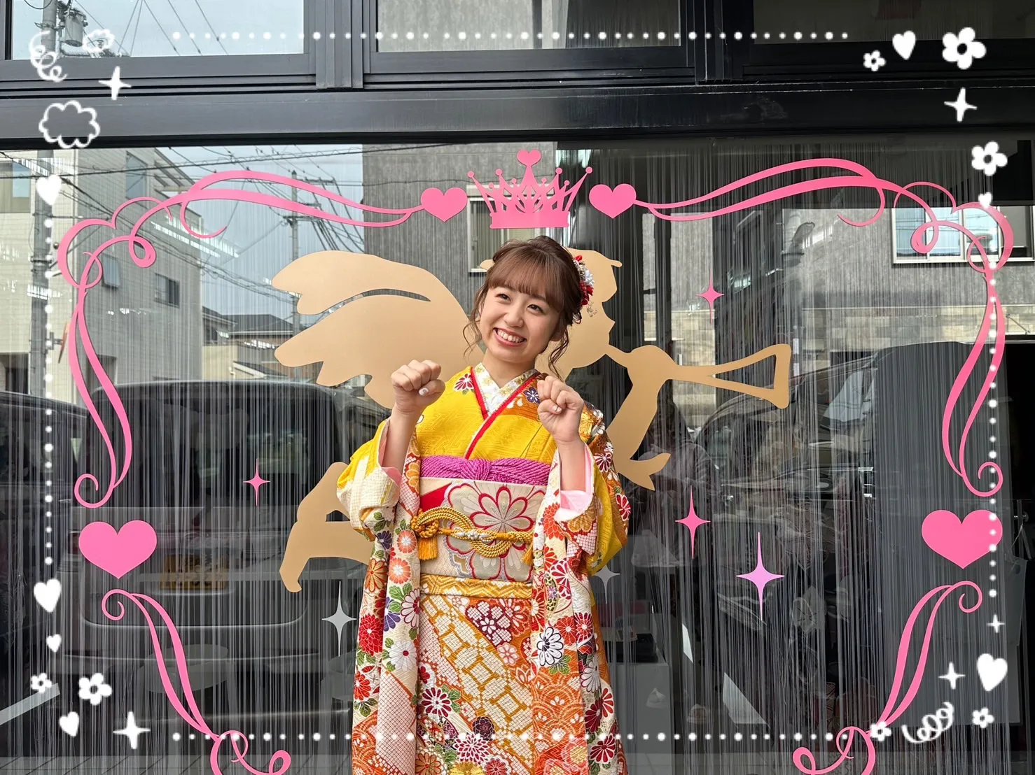 振袖　レンタル　奈良　前撮り　オレンジ　古典柄