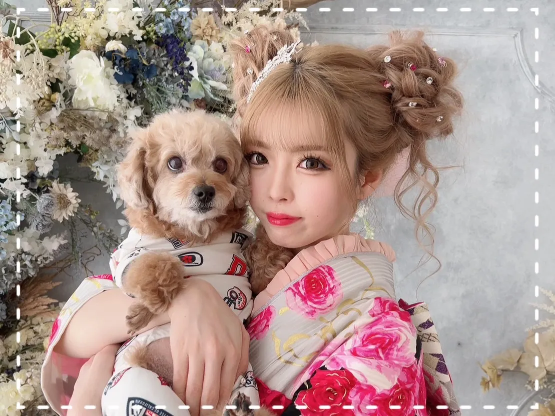 振袖　レンタル　奈良　前撮り撮影会　かわいい　ゆいちゃみ　犬との撮影