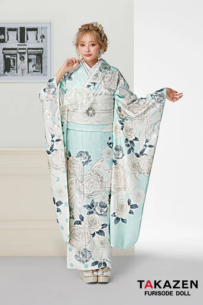 2024　2025　成人式　振袖レンタル　レース　最新小物　CHANELカラー　ヘップバーン　可愛い　キラキラ　ガーリー　水色　　