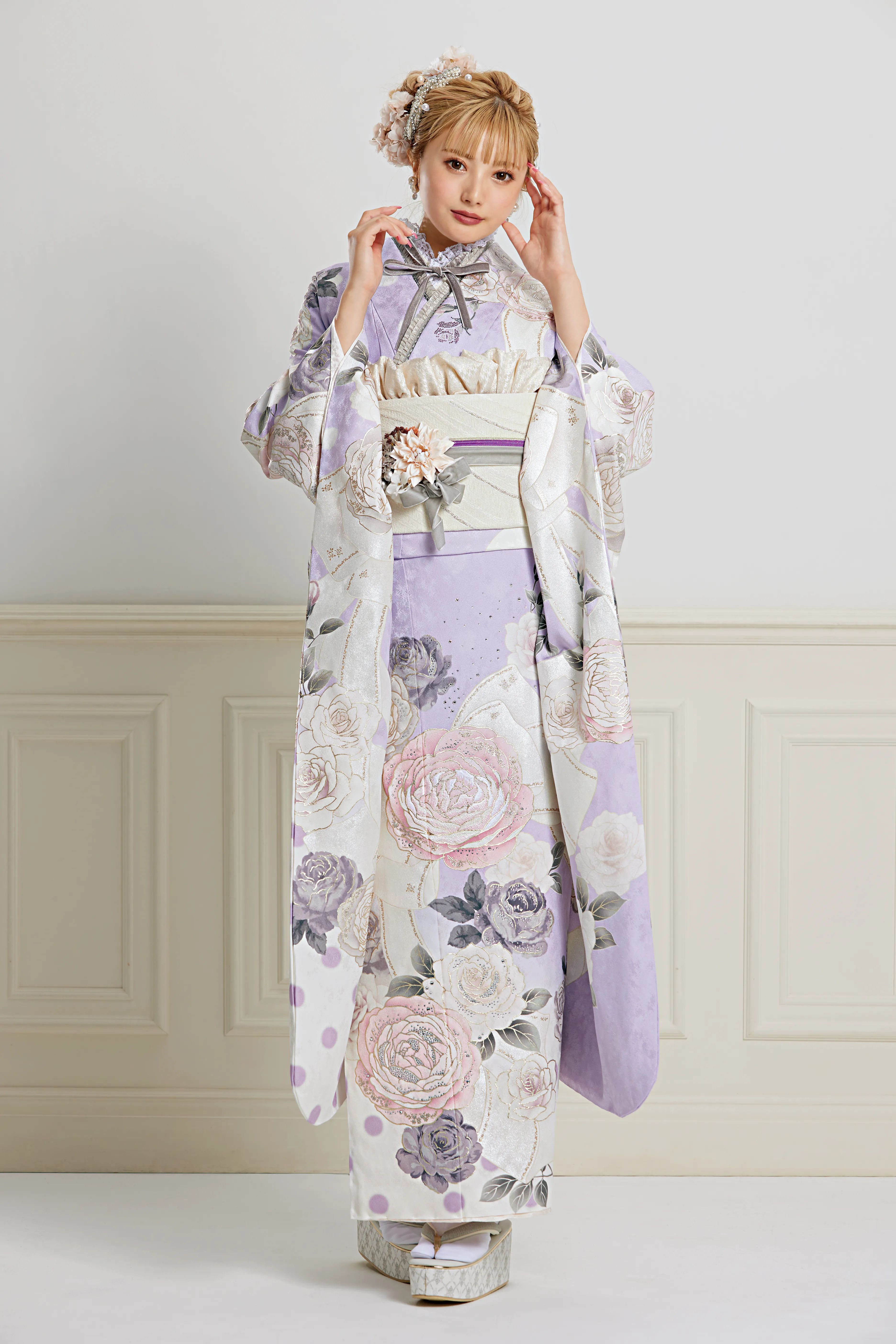 2024　2025　成人式　振袖レンタル　レース　最新小物　CHANELカラー　ヘップバーン　可愛い　キラキラ　ガーリー　女の子　紫　パープル　ラベンダー