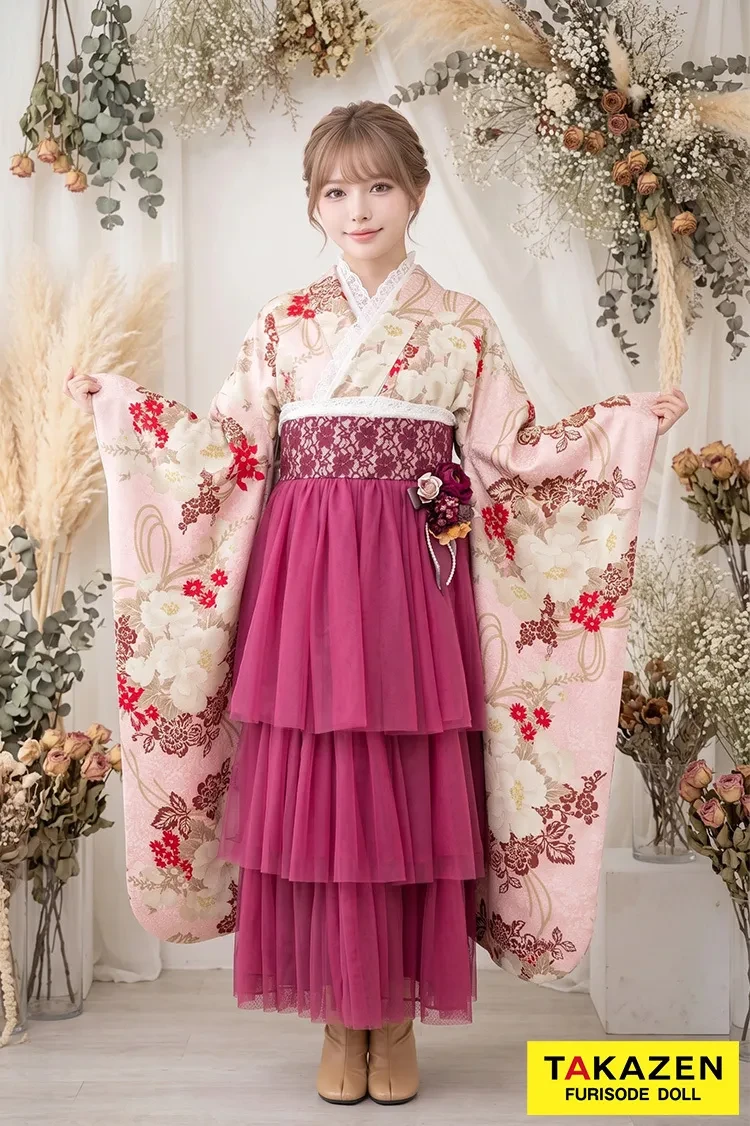 TAKAZENのレンタル袴 くすみカラーレトロ ピンク/ダスティーカラー ゴブラン織り風 かわいい ガーリー アンティーク調 ブーツコーデ【通販可】R25004