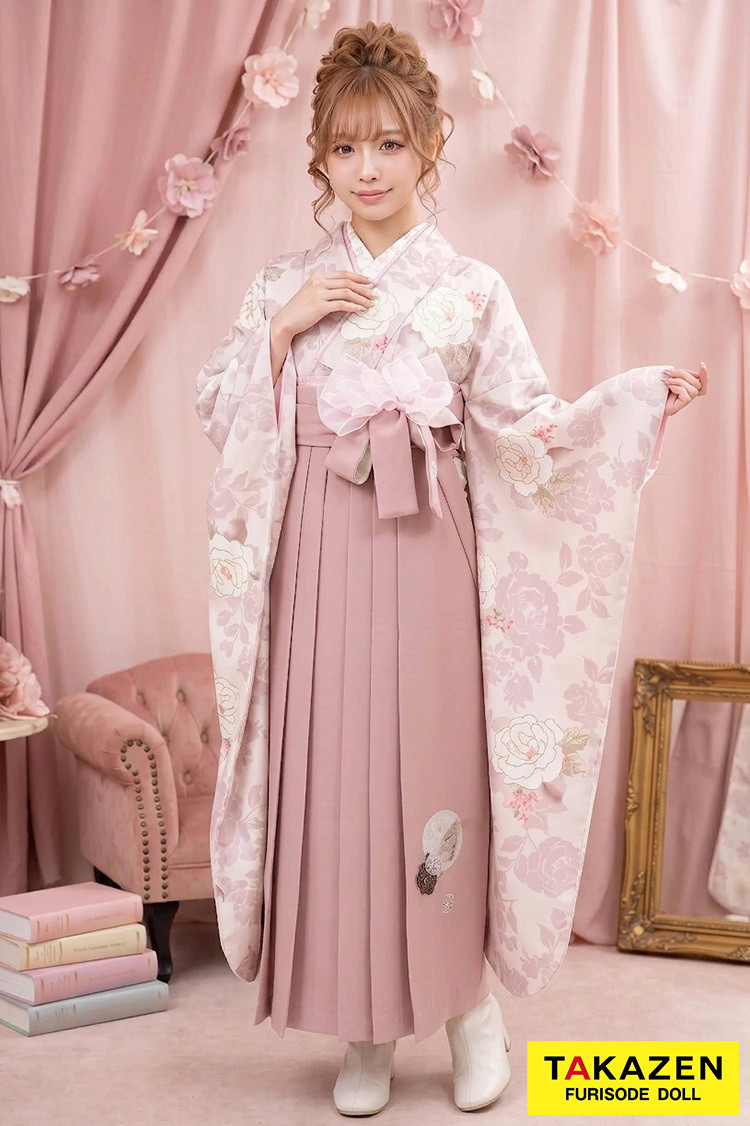 TAKAZENのレンタル袴 キュート&ガーリー ピンク/かわいい 薔薇柄 フェミニン おしゃれ かわいい トレンド リボン ブーツスタイル【通販可】R25008