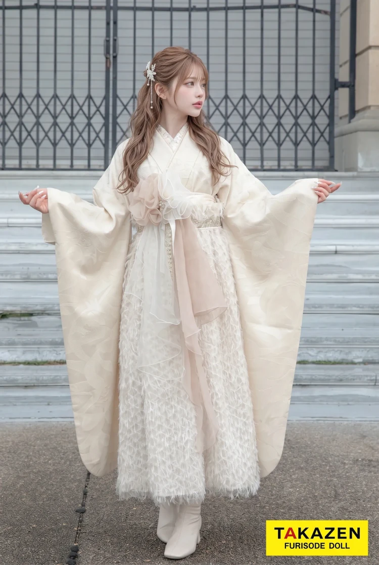 TAKAZENのレンタル袴 レトロ　クリーム/白　無地　シンプル　かわいい　ドレス袴　トレンド　ブーツスタイル　シャギー素材【通販可】R25009