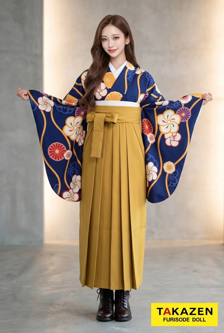 TAKAZENのレンタル袴 格安正統派古典袴 紺/ネイビー 梅柄 定番 清楚 プチプライス【通販可】Y5