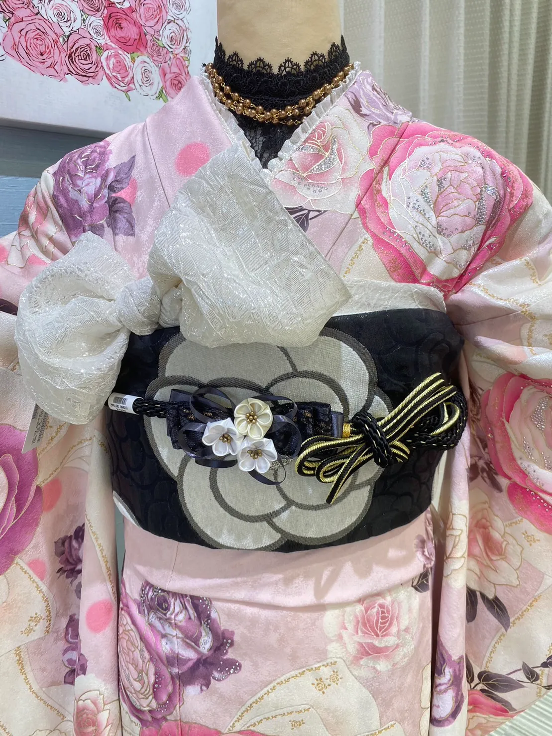 2024　2025　成人式　振袖レンタル　レース　最新小物　堺　振袖　キラキラ　可愛い　ピンク　紫　黒　クロミ　マイメロ