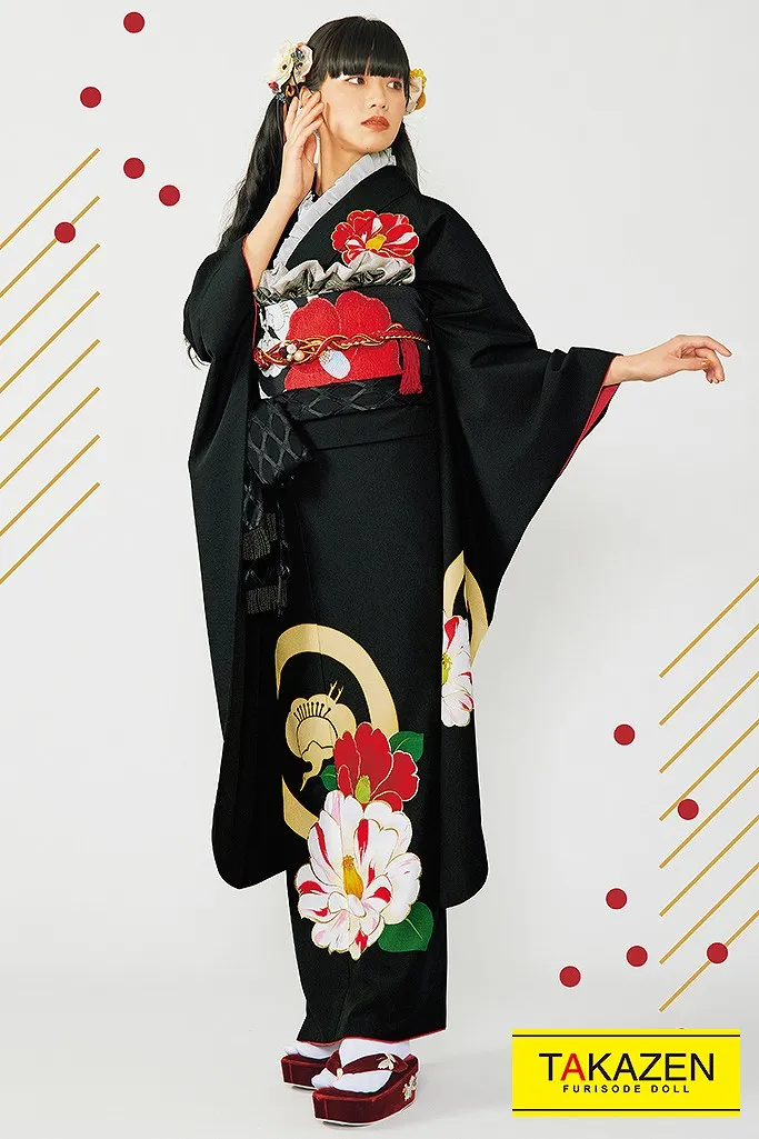 振袖　レンタル　奈良　レトロ　オシャレ　黒　ボタン柄