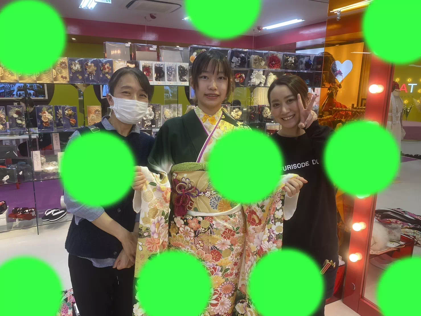 成人式　振袖レンタル　TAKAZEN神戸三宮店　イマドキ　オシャレ　古典　緑　格安　