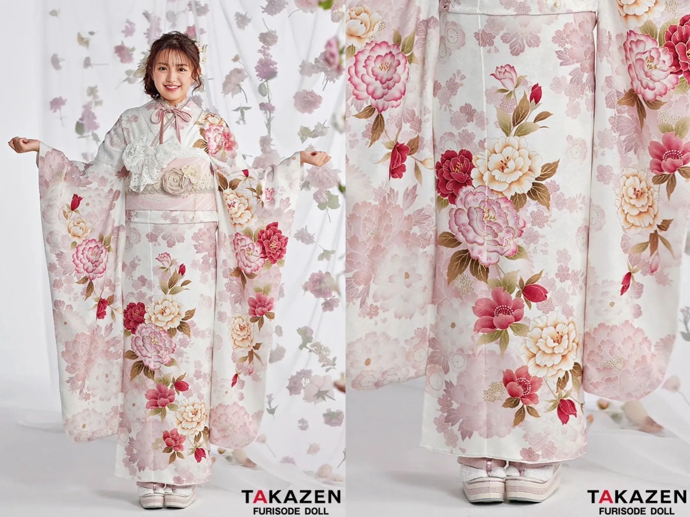 振袖　レンタル　奈良　かわいい　安い　ガーリー　牡丹　ボタン　くすみ　白　ピンク　淡色　フェミニン　ゆるふわ
