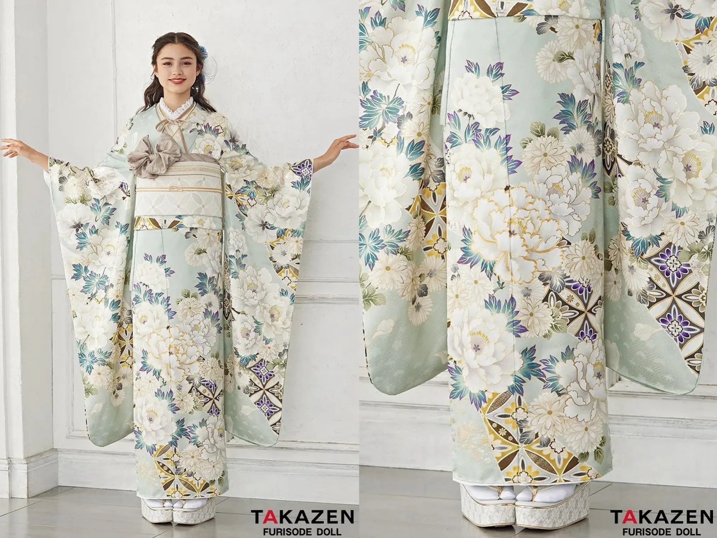 振袖　レンタル　奈良　安い　かわいい　くすみ古典　ミントグリーン　牡丹　ボタン　清楚　上品　白　青