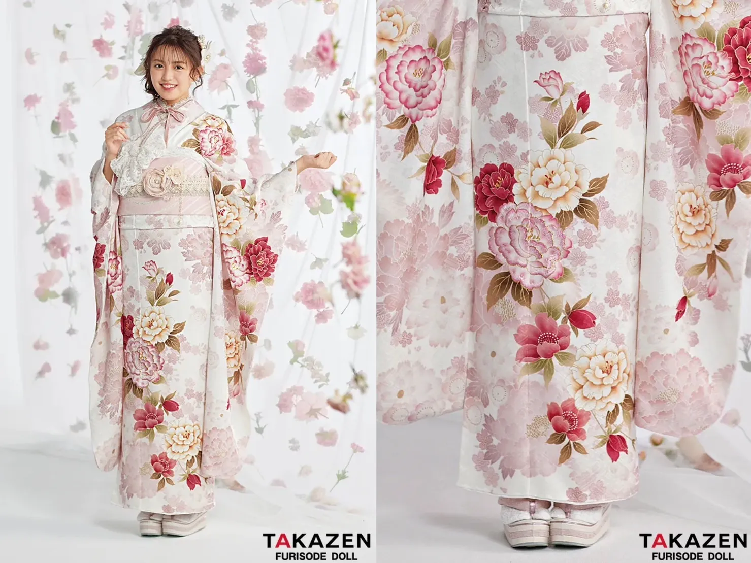 振袖　レンタル　奈良　かわいい　くすみ　ガーリー　花柄　ピンク　白　赤　レース　リボン