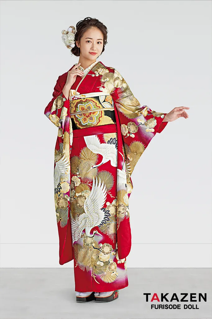 振袖レンタル　奈良　橿原　かわいい　おしゃれ　個性派　かわいい　かっこいい　くすみ　イマドキ　赤　鶴　渋い