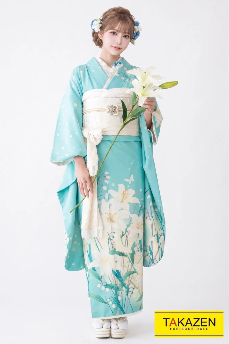 TAKAZENのレンタル振袖 レトロ 水色(ブルー)/白/アイスブルー 百合柄 淡色 シンプル 上品【通販可】G39