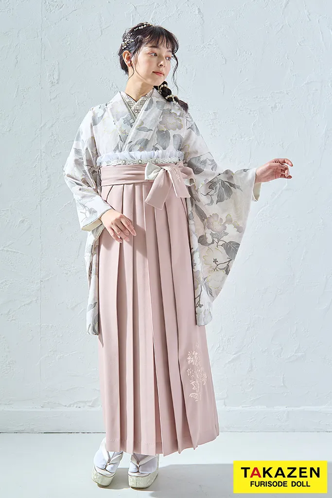 TAKAZENのレンタル袴 くすみカラーガーリー　薄ピンク/淡い色　花柄　可愛らしい　ゆめかわいい【通販可】R25039