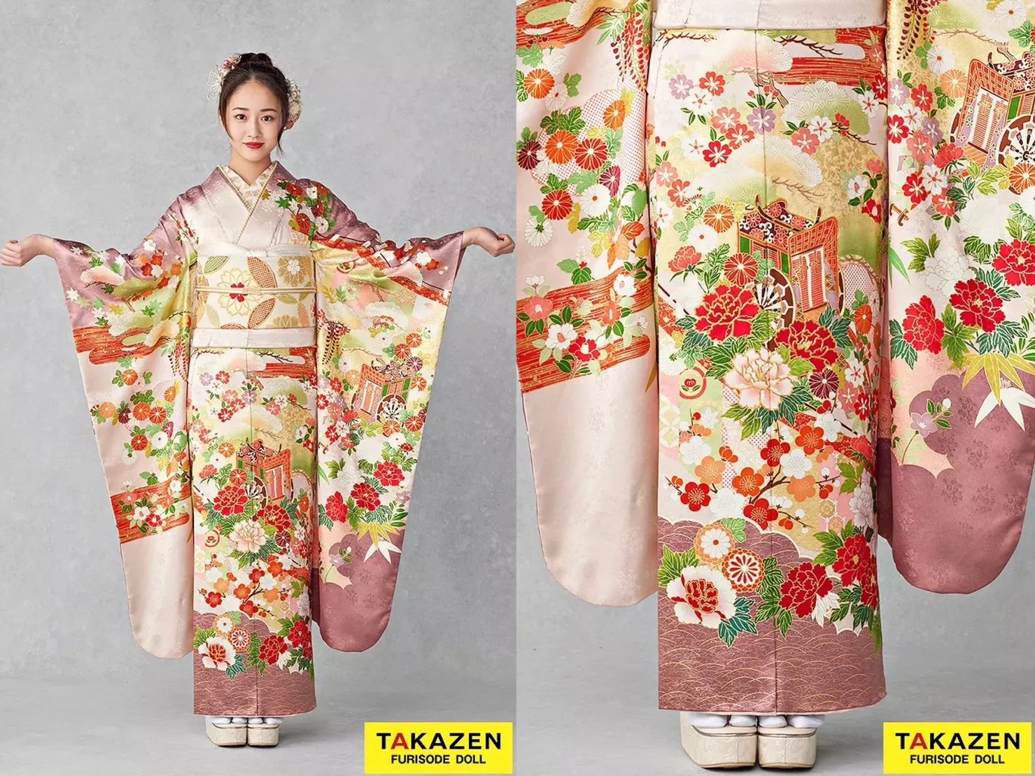 振袖安い　レンタル　奈良　プレミアム古典　可愛い　綺麗　華やか　ピンクベージュ　白　くすみ色　上品