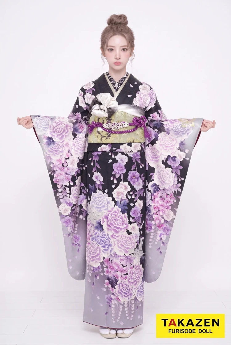 TAKAZENのレンタル振袖 格安クール系 黒/紫 牡丹柄 目立つ 派手 かっこいい プチプラ【通販可】M18