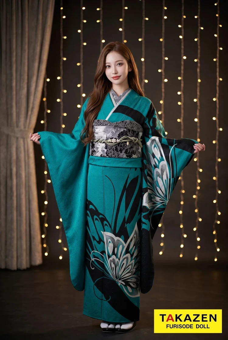 TAKAZENのレンタル振袖 格安モード系 エメラルドグリーン 蝶々柄 シンプル かっこいい 目立つ 珍しい【通販可】M19