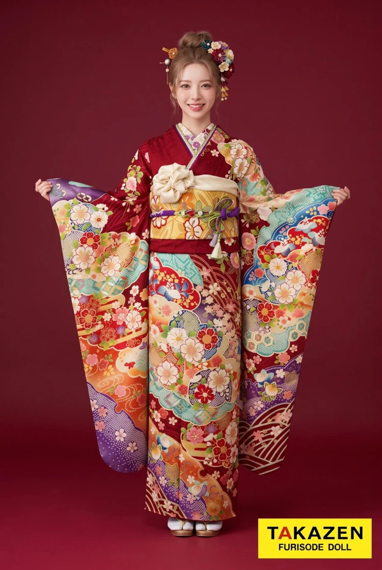 TAKAZENのレンタル振袖 安い!正統派古典 赤/水色 桜柄 柄多め 王道 清楚 おしとやか【通販可】M22