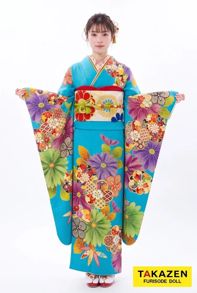TAKAZENのレンタル振袖 格安レトロ古典 水色/黄緑/紫 菊柄 ポップ 派手かわいい お得 安い【通販可】M25