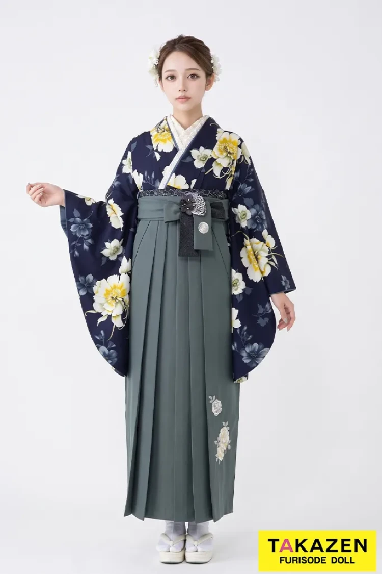 TAKAZENのレンタル袴 玉城ティナ×紅一点ブランド袴　レトロ　紺色/ネイビー　花柄　お洒落　かわいらしい【通販可】R25057
