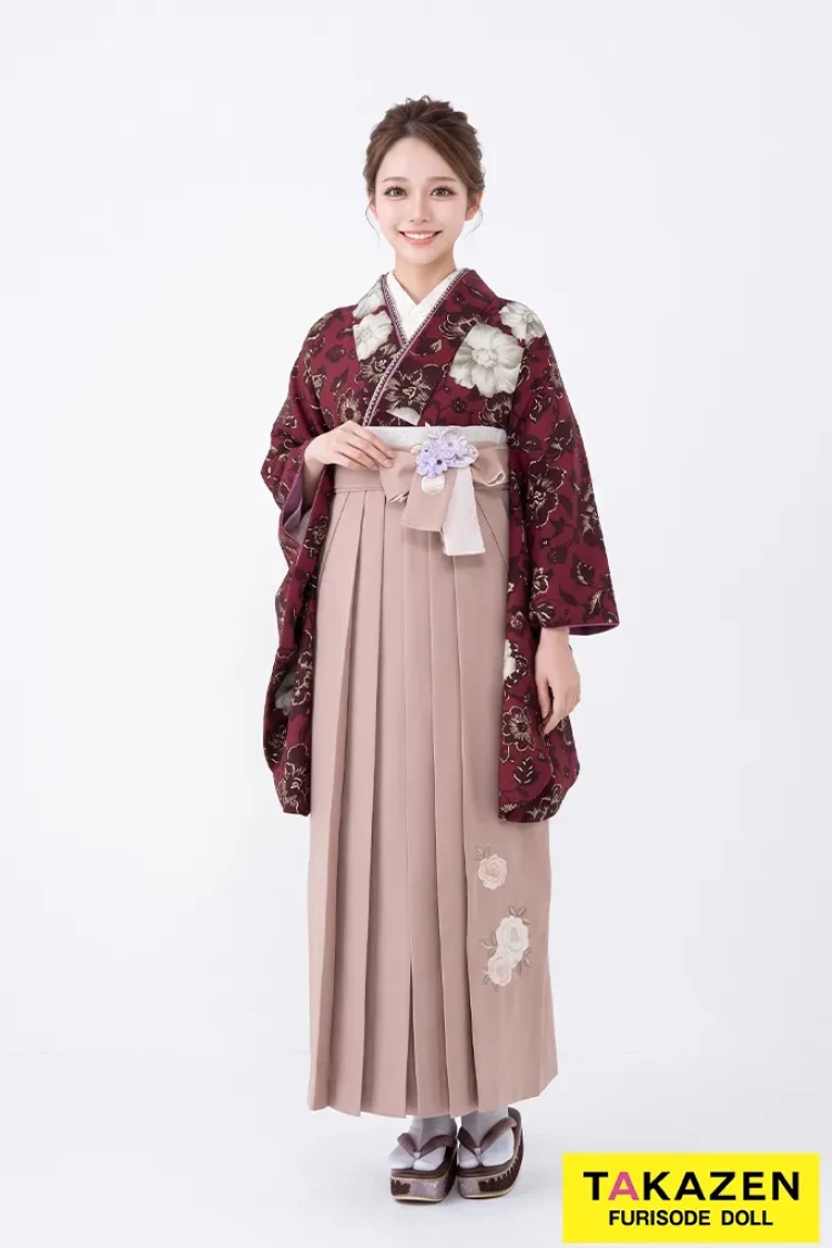 TAKAZENのレンタル袴 玉城ティナ×紅一点ブランド袴 レトロ ワインレッド バラ柄 地雷系 個性的 洋風 ラブリー【通販可】R25062