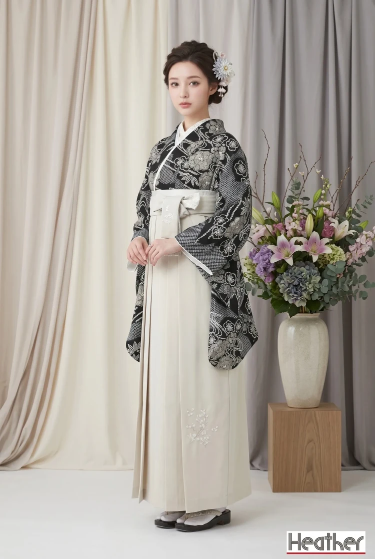 TAKAZENのレンタル袴 Heatherブランド袴　古典柄　黒　絞り風　お洒落な着こなし　モノトーン　アンティーク調　ブーツコーデ【通販可】R25063