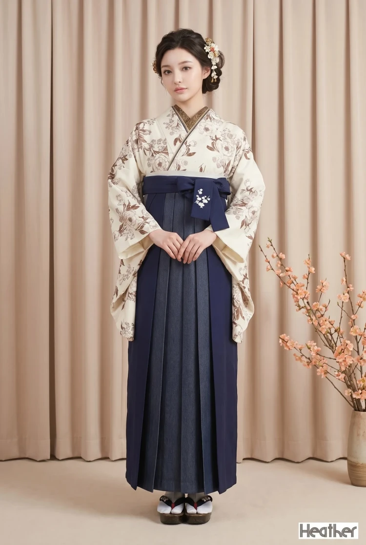 TAKAZENのレンタル袴 Heatherブランド袴　くすみカラー古典柄　クリーム　お洒落　デニム袴　アンティーク調【通販可】R25064