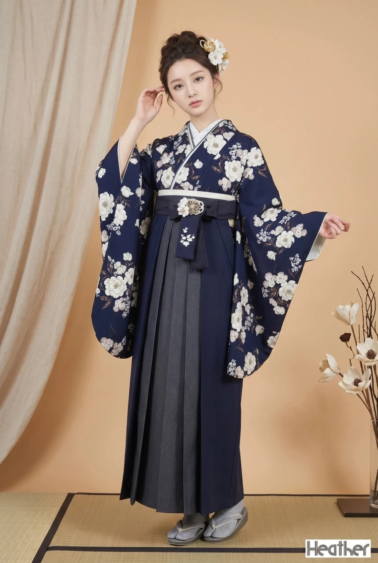 TAKAZENのレンタル袴 Heatherブランド袴　古典柄　ネイビー/紺色　お洒落　デニム袴　大人っぽい　スタイリッシュ　ブーツスタイル【通販可】R25065