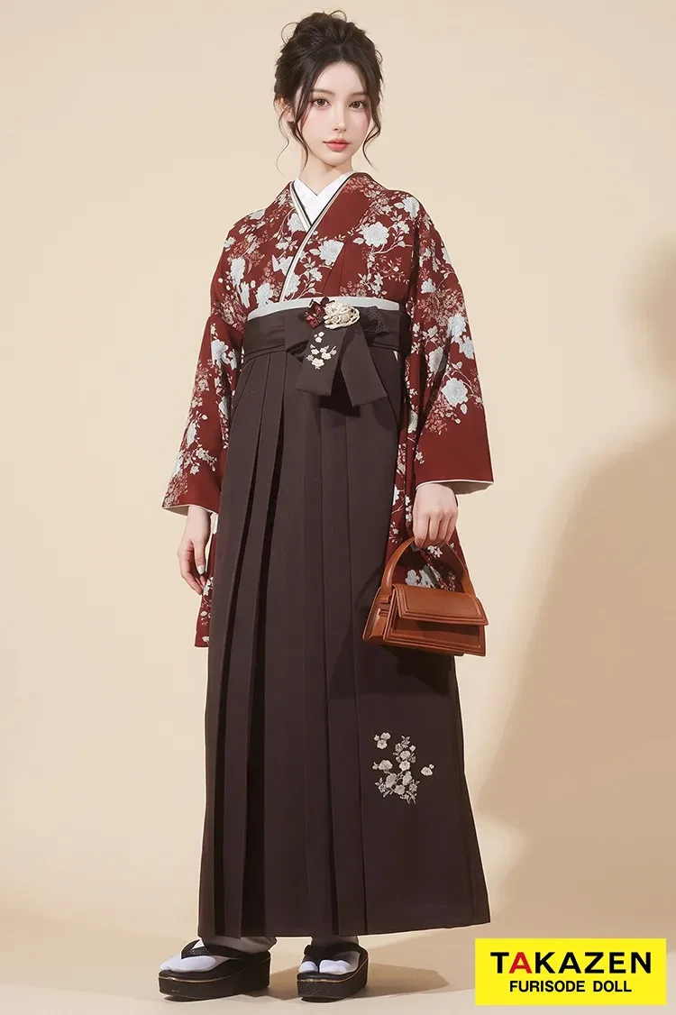 TAKAZENのレンタル袴 Heatherブランド袴 正統派古典柄 エンジ 和風 大人っぽい 大正ロマン【通販可】R25066
