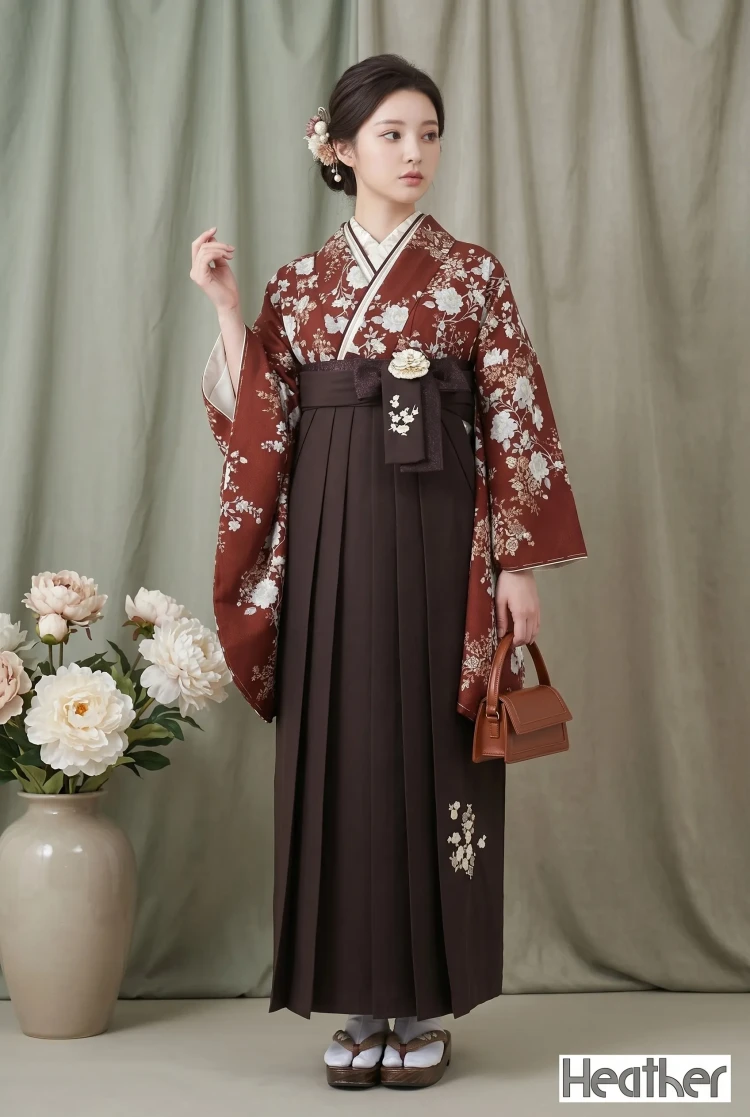 TAKAZENのレンタル袴 Heatherブランド袴　正統派古典柄　エンジ　和風　大人っぽい　大正ロマン【通販可】R25066