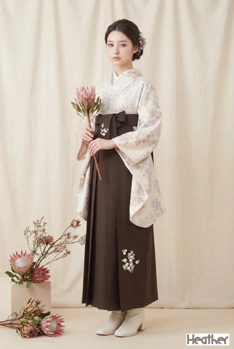 TAKAZENのレンタル袴 Heatherブランド袴　くすみカラー古典柄　クリーム/ニュアンスカラー　柄小さめ　上品　大人っぽい　大正ロマン【通販可】R25067