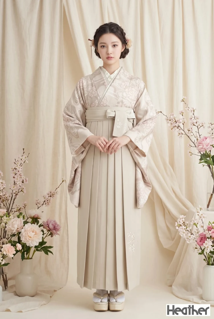 TAKAZENのレンタル袴 Heatherブランド袴　くすみカラー古典　ベージュ/オフカラー　絞り風　ワントーンコーデ【通販可】R25068