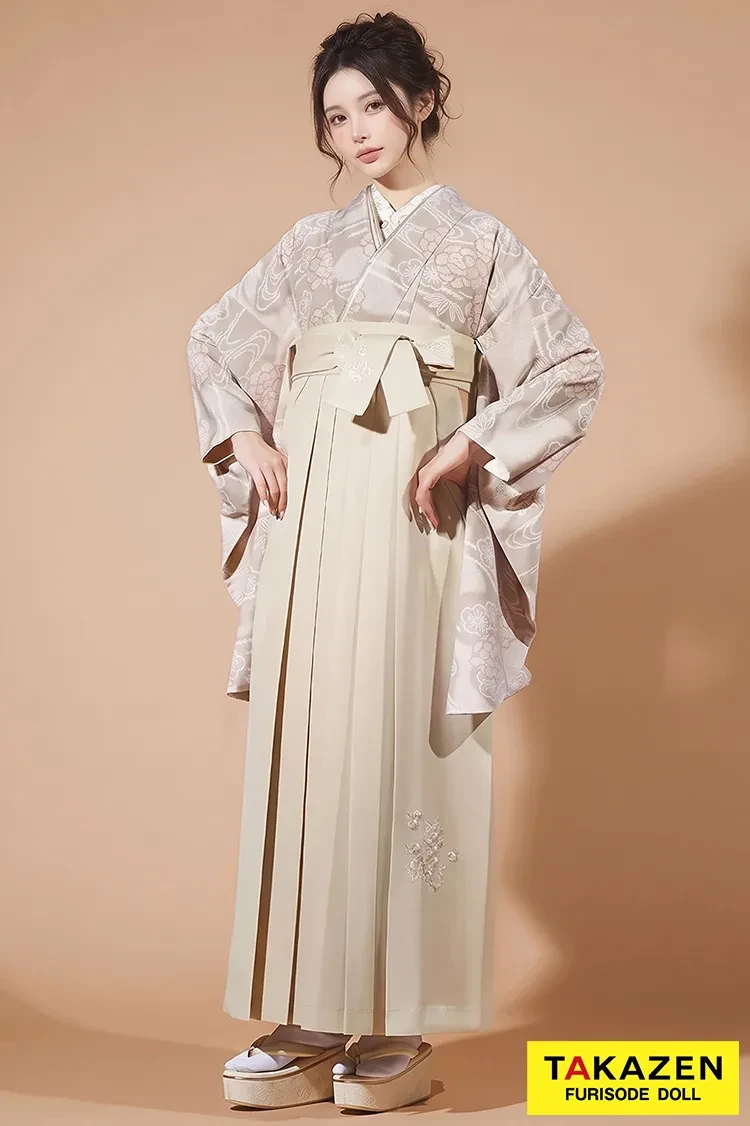 TAKAZENのレンタル袴 Heatherブランド袴 くすみカラー古典 ベージュ/オフカラー 絞り風 ワントーンコーデ【通販可】R25068