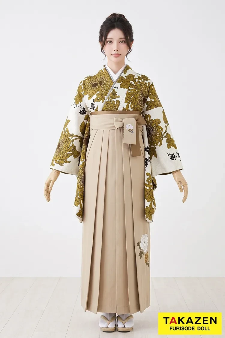 TAKAZENのレンタル袴 そしてゆめブランド袴 古典柄 ベージュ/からし 乱菊柄 大人っぽい かっこいい【通販可】R25069