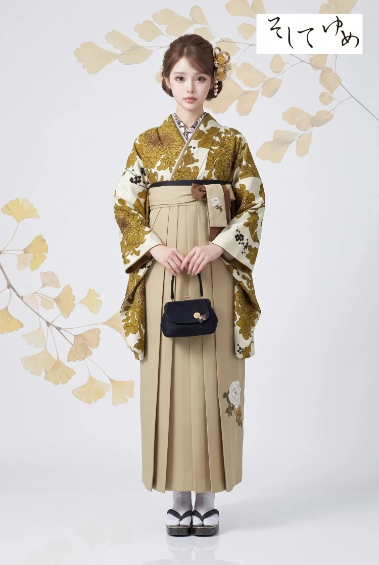 TAKAZENのレンタル袴 そしてゆめブランド袴　古典柄　ベージュ/からし　乱菊柄　大人っぽい　かっこいい【通販可】R25069