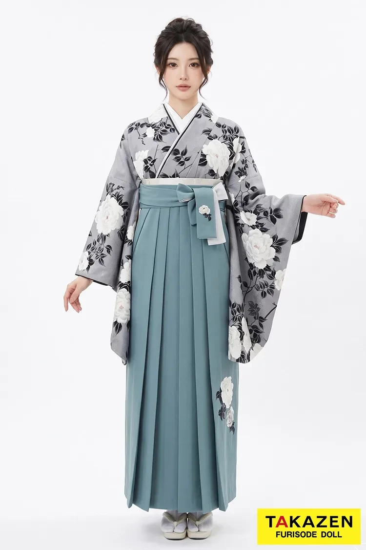 TAKAZENのレンタル袴 そしてゆめブランド袴 古典柄 グレー/ダスティーカラー 牡丹柄 大人っぽい ブーツスタイル【通販可】R25070