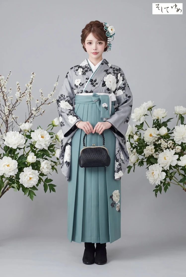 TAKAZENのレンタル袴 そしてゆめブランド袴　古典柄　グレー/ダスティーカラー　牡丹柄　大人っぽい　ブーツスタイル【通販可】R25070