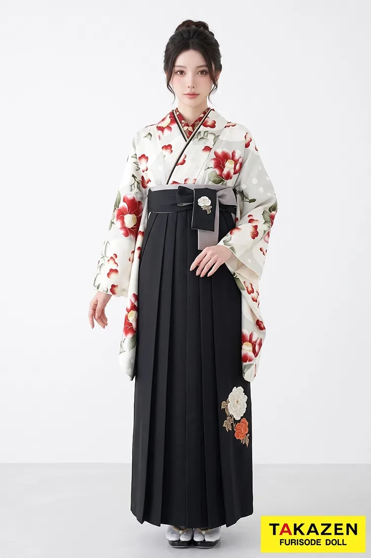 TAKAZENのレンタル袴 そしてゆめブランド袴 古典柄 オフホワイト 椿柄 大人っぽい レトロ古典 ブーツスタイル【通販可】R25071