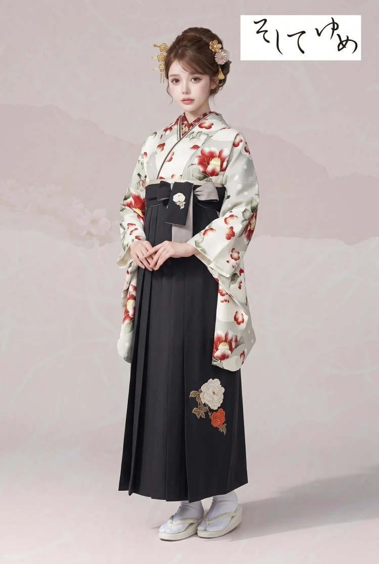TAKAZENのレンタル袴 そしてゆめブランド袴　古典柄　オフホワイト　椿柄　大人っぽい　レトロ古典　ブーツスタイル【通販可】R25071